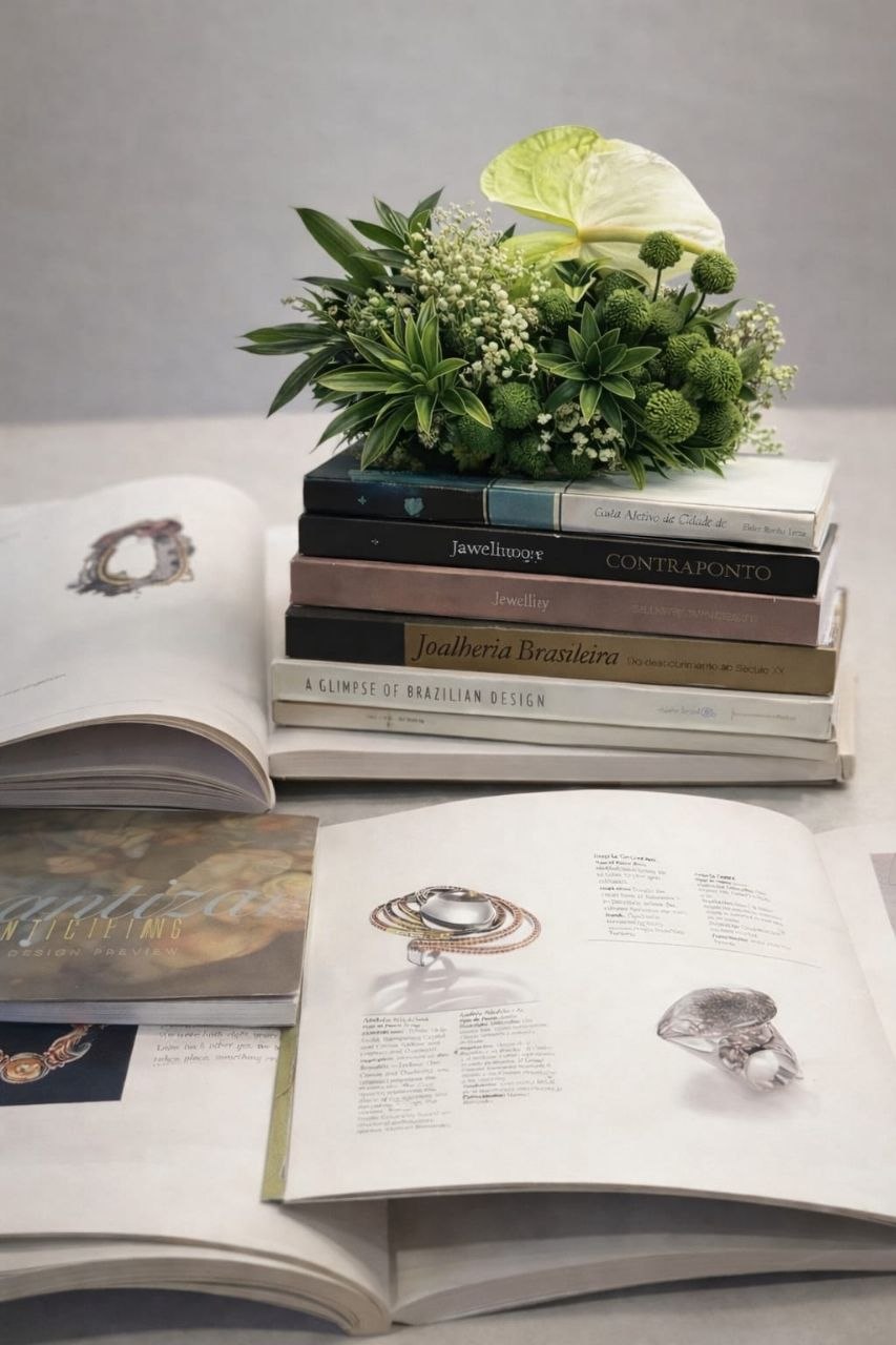 Acervo de livros sobre joalheria brasileira e design